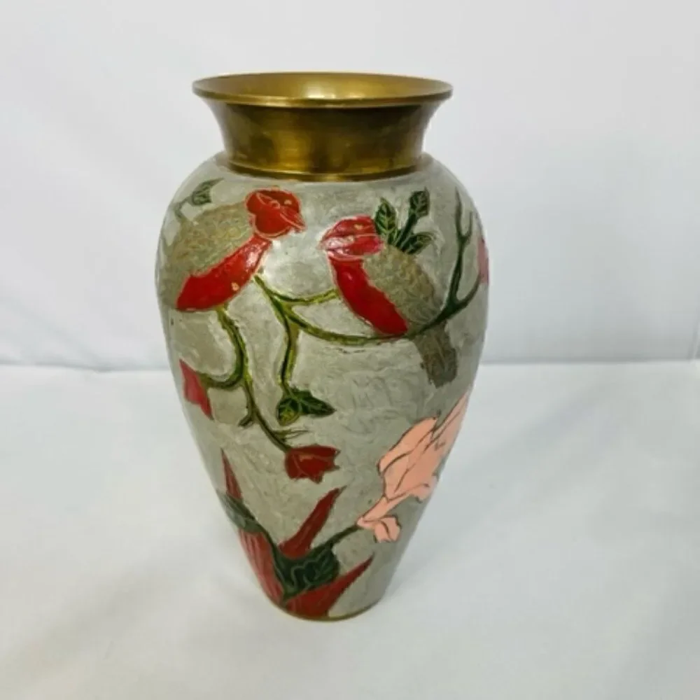chinese cloisonne brass enamel Vase Gray Floral Birds 7.5